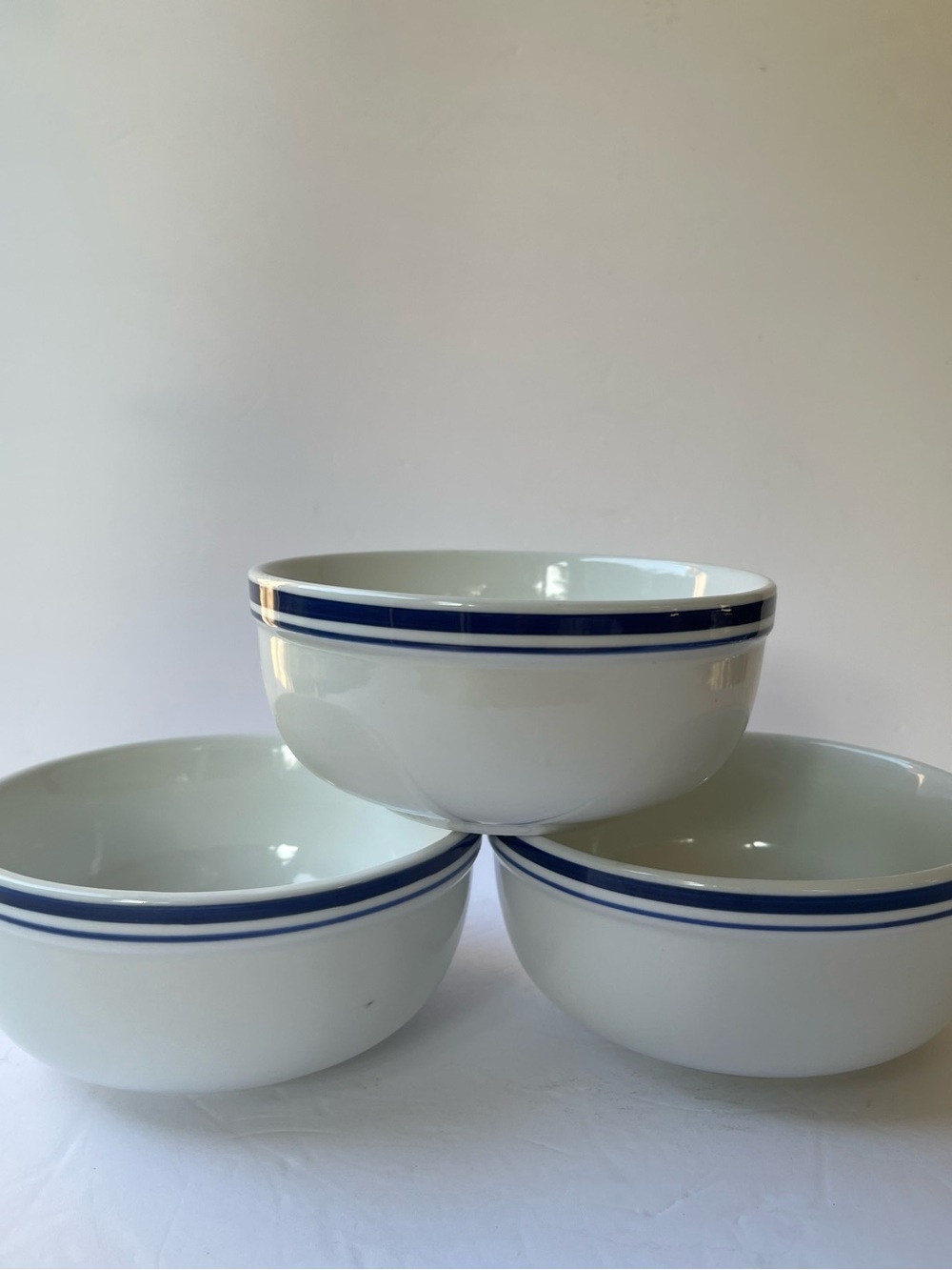 Pottery Barn 3 Blue White Stripe Coupe Cereal Soup Bowls Classic Coastal Retired
